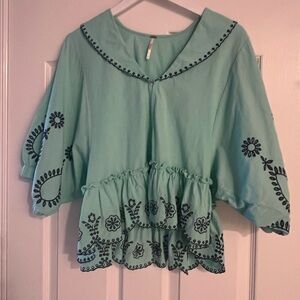 Free People Mint Green Blouse with Black Embroidery